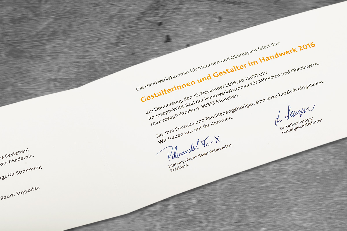  Schnieber Graphik, Einladungskarte HWK: Layout, Reinzeichnung, Druckvorstufe, Color Management